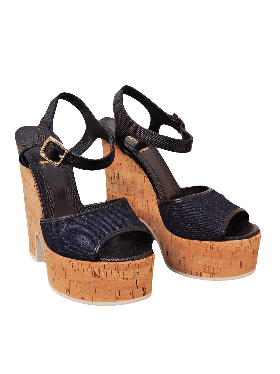 FENDI BLUE LEATHER AND DENIM CORK PLATFORM 37.5 My Store