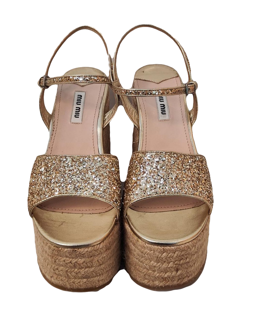 MIU MIU GOLD GLITTER DUST STRAPPY WEDGE SANDALS 37.5 My Store