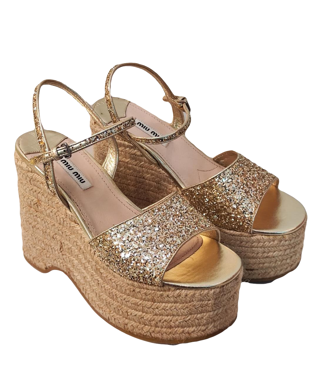 MIU MIU GOLD GLITTER DUST STRAPPY WEDGE SANDALS 37.5 My Store
