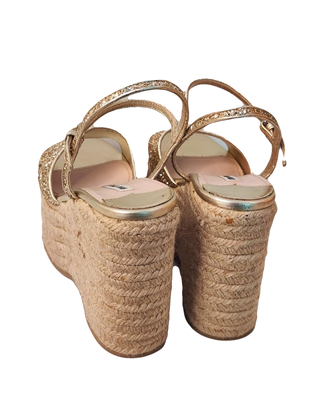 MIU MIU GOLD GLITTER DUST STRAPPY WEDGE SANDALS 37.5 My Store