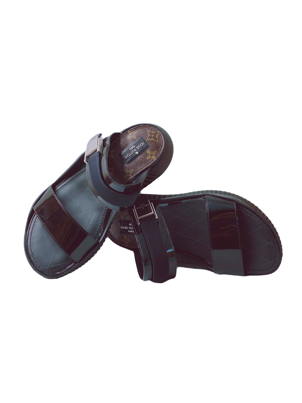 LOUIS VUTTON BLACK/BROWN MONOGRAM RUBBER SUNBATH FLAT SLIDES MA0196 SIZE 37 My Store