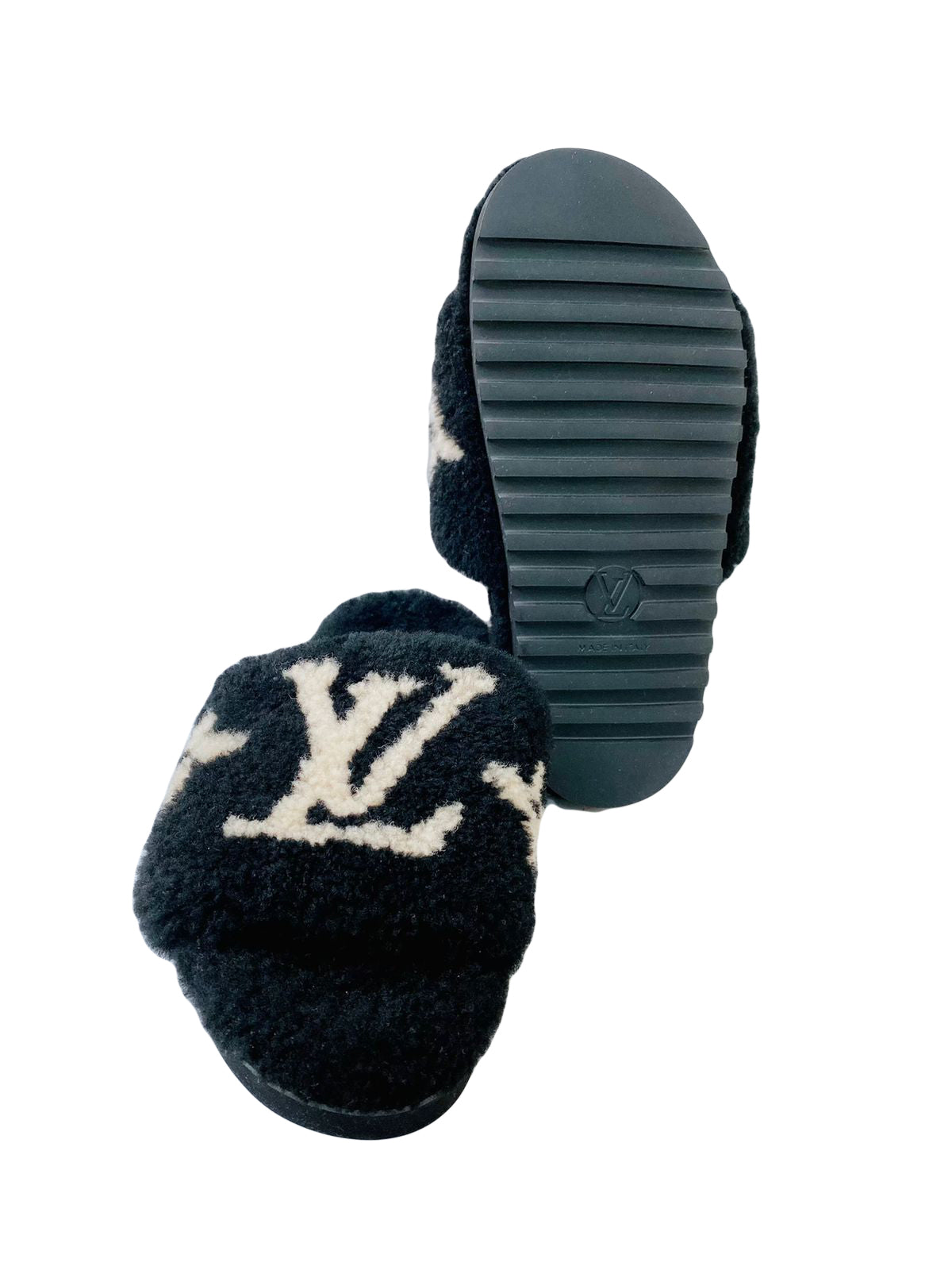 LOUIS VUITTON BLACK WHITE SHEARLING PASEO FLAT COMFORT MULES SC0221 SIZE 36 My Store