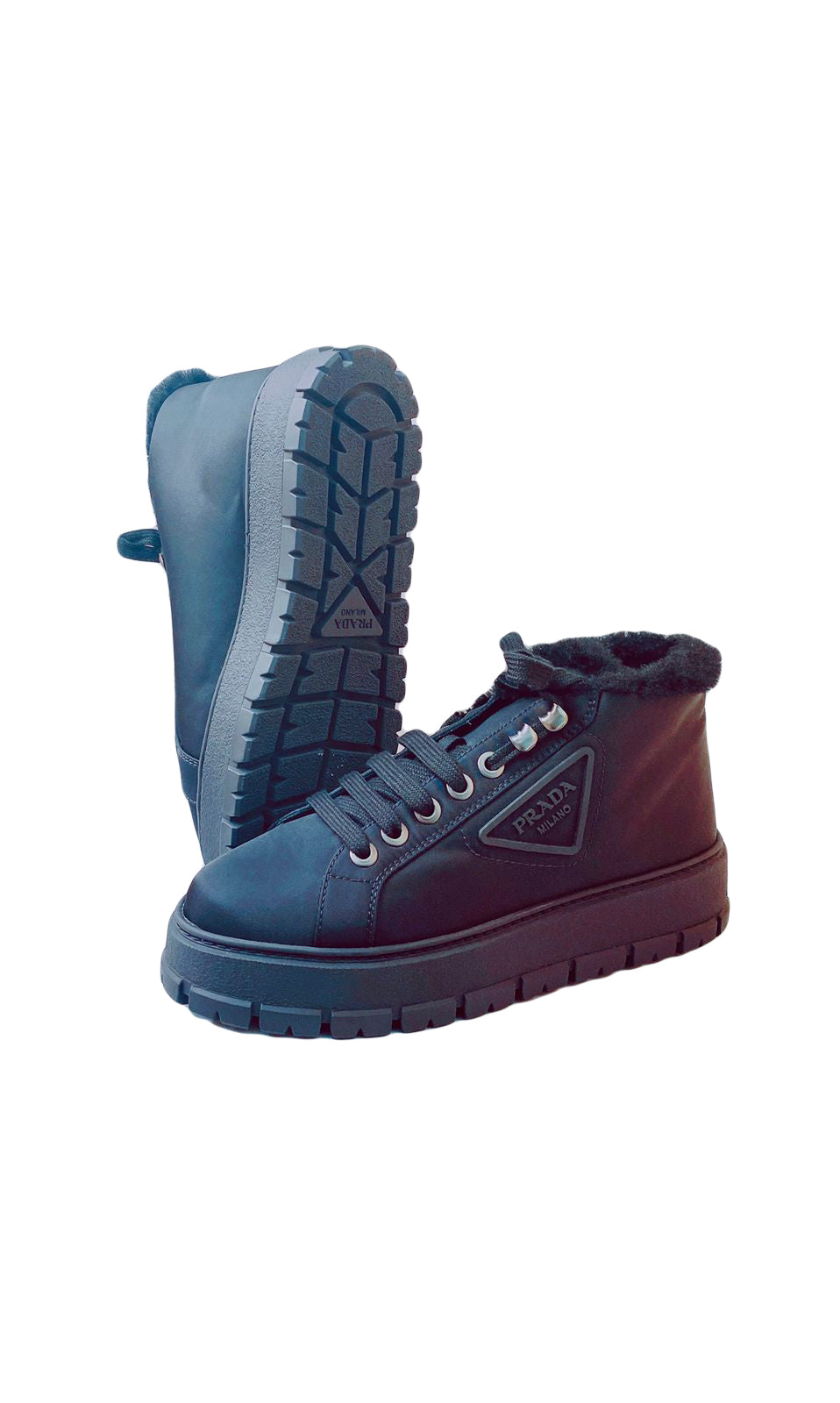 Prada BLACK NYLON LACE UP BOOTIES 37 My Store