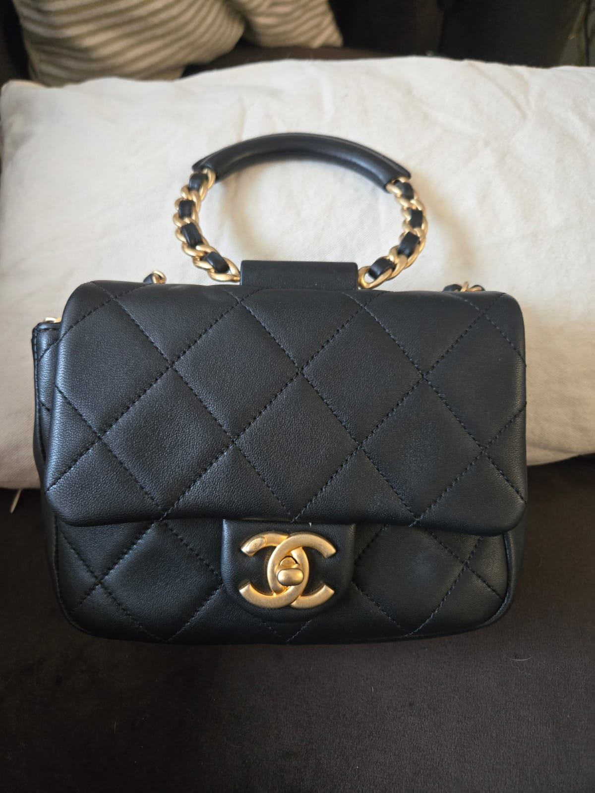 Chanel Lambskin Quilted Small Circular Handle Bag in Black 